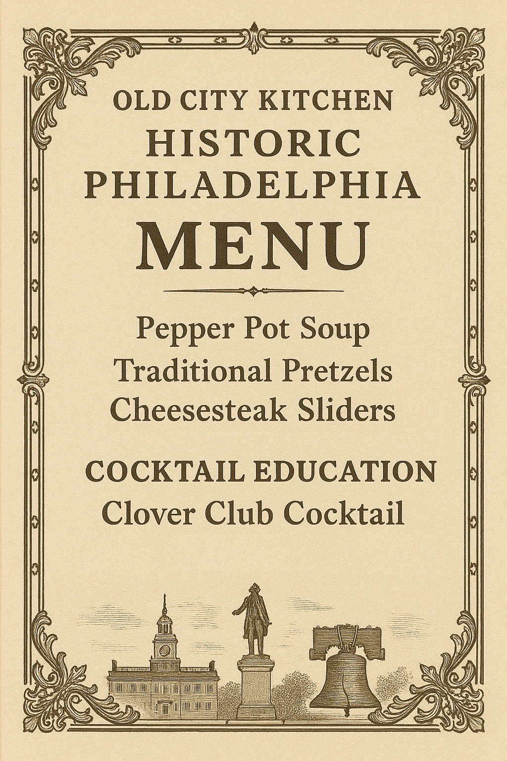 Historic Philadelphia menu for Old City Kitchen 250th Philly celebration teambuilding activity